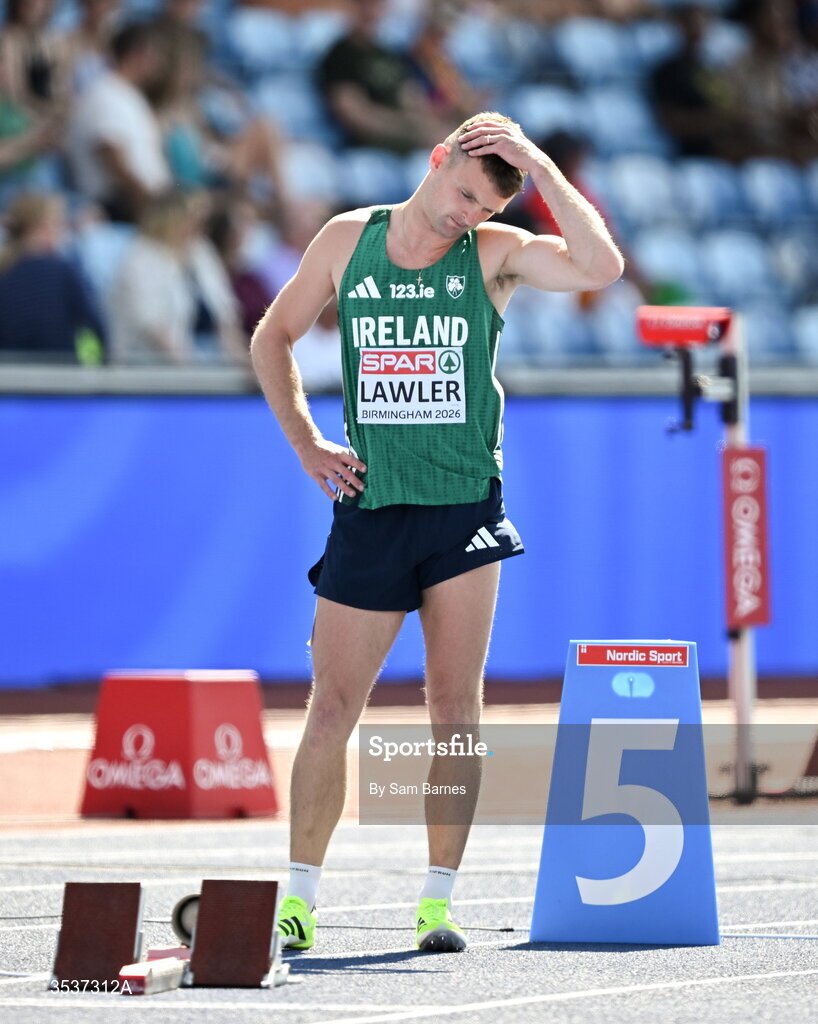 13 August 2026; Marcus Lawler of Ireland before his men’s 200m heat during day four of the European Athletics Championships 2026 at Alexander Stadium in Birmingham, England. Photo by Sam Barnes/Sportsfile