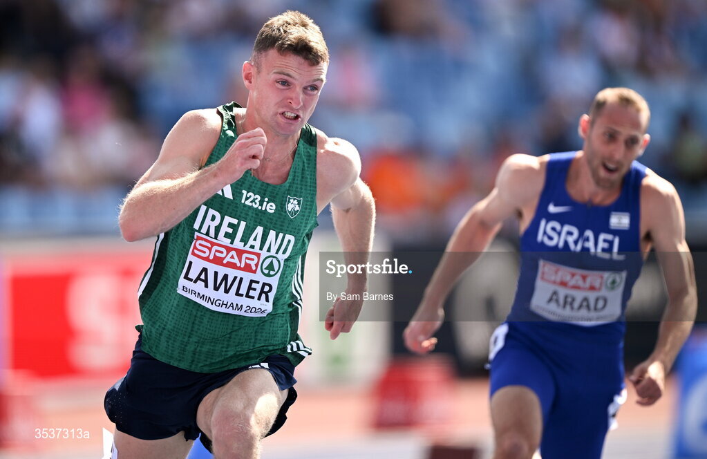13 August 2026; Marcus Lawler of Ireland competing in his men’s 200m heat during day four of the European Athletics Championships 2026 at Alexander Stadium in Birmingham, England. Photo by Sam Barnes/Sportsfile