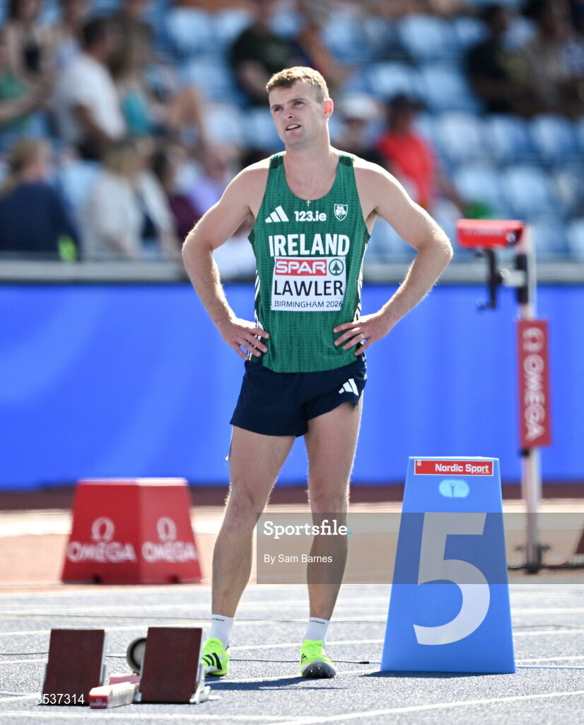 13 August 2026; Marcus Lawler of Ireland before his men’s 200m heat during day four of the European Athletics Championships 2026 at Alexander Stadium in Birmingham, England. Photo by Sam Barnes/Sportsfile
