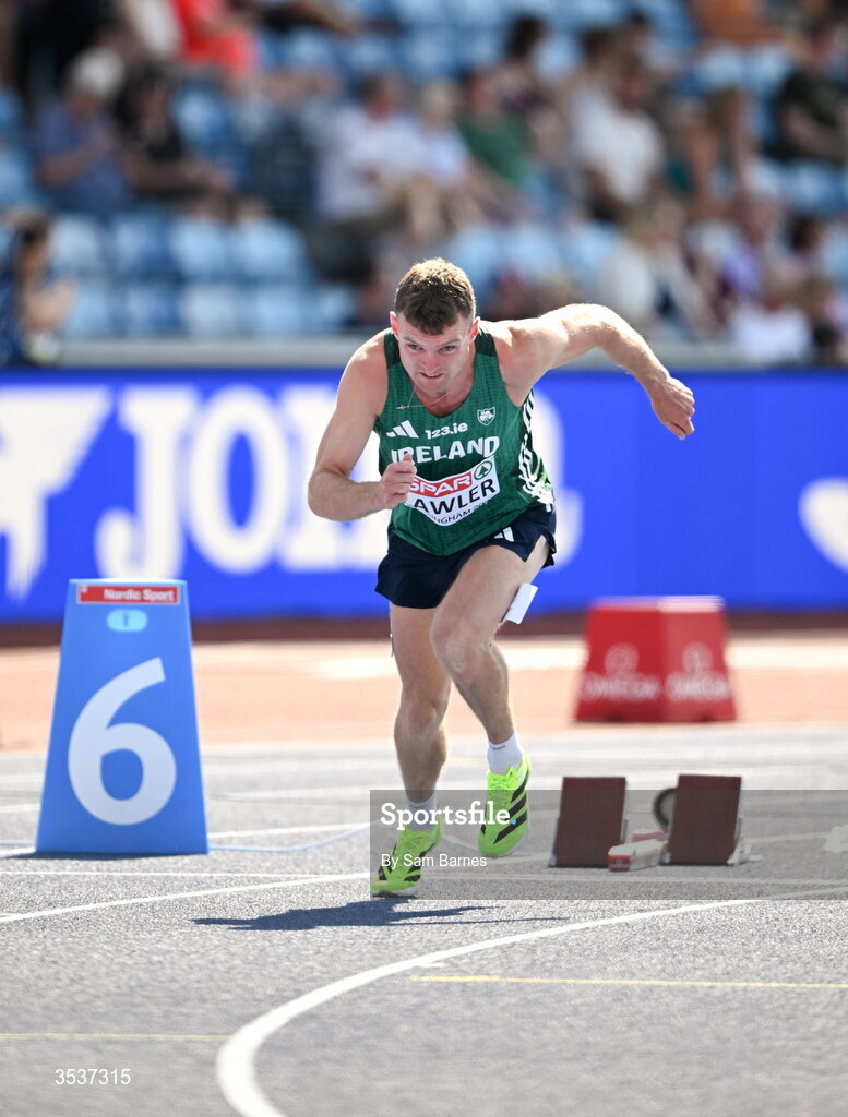13 August 2026; Marcus Lawler of Ireland competes in his men’s 200m heat during day four of the European Athletics Championships 2026 at Alexander Stadium in Birmingham, England. Photo by Sam Barnes/Sportsfile