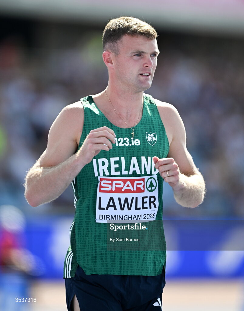 13 August 2026; Marcus Lawler of Ireland before his men’s 200m heat during day four of the European Athletics Championships 2026 at Alexander Stadium in Birmingham, England. Photo by Sam Barnes/Sportsfile