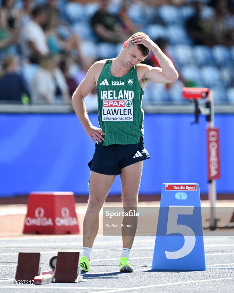 13 August 2026; Marcus Lawler of Ireland before his men’s 200m heat during day four of the European Athletics Championships 2026 at Alexander Stadium in Birmingham, England. Photo by Sam Barnes/Sportsfile