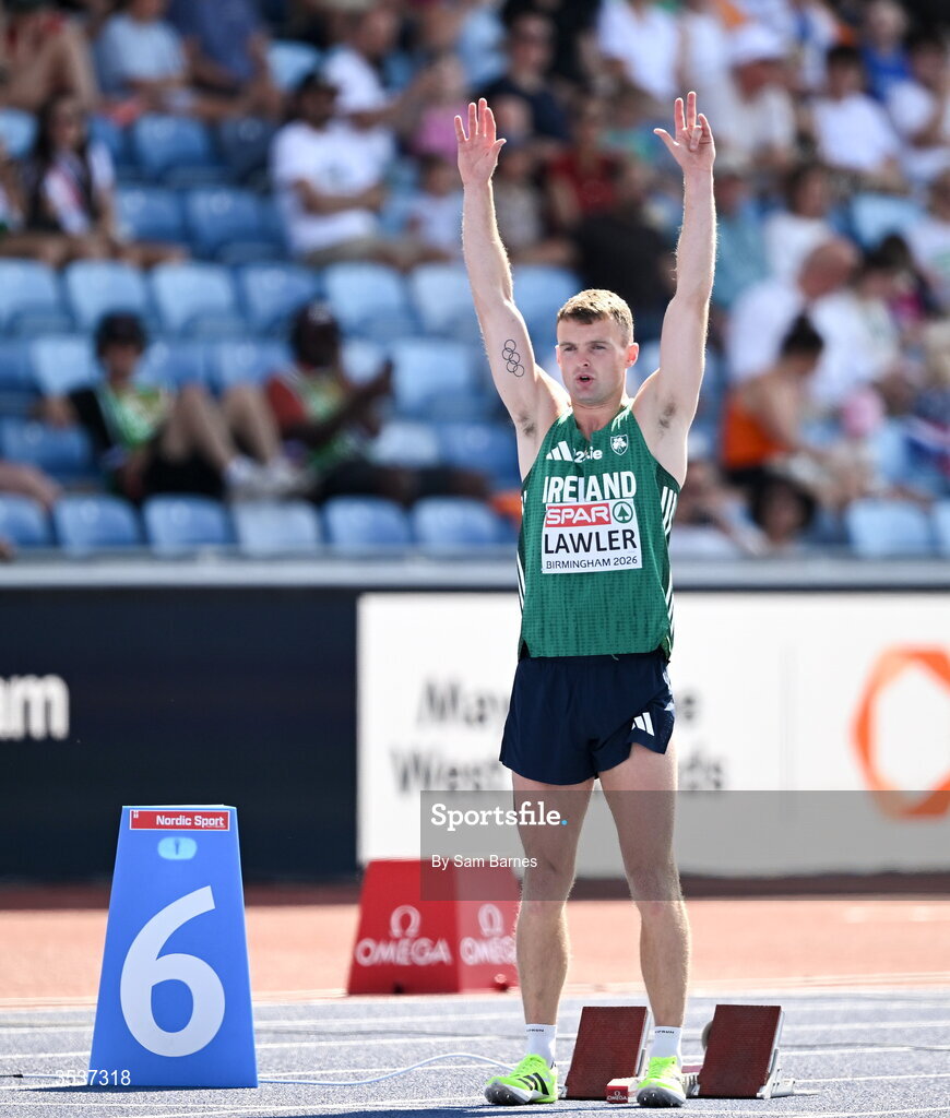 13 August 2026; Marcus Lawler of Ireland before his men’s 200m heat during day four of the European Athletics Championships 2026 at Alexander Stadium in Birmingham, England. Photo by Sam Barnes/Sportsfile