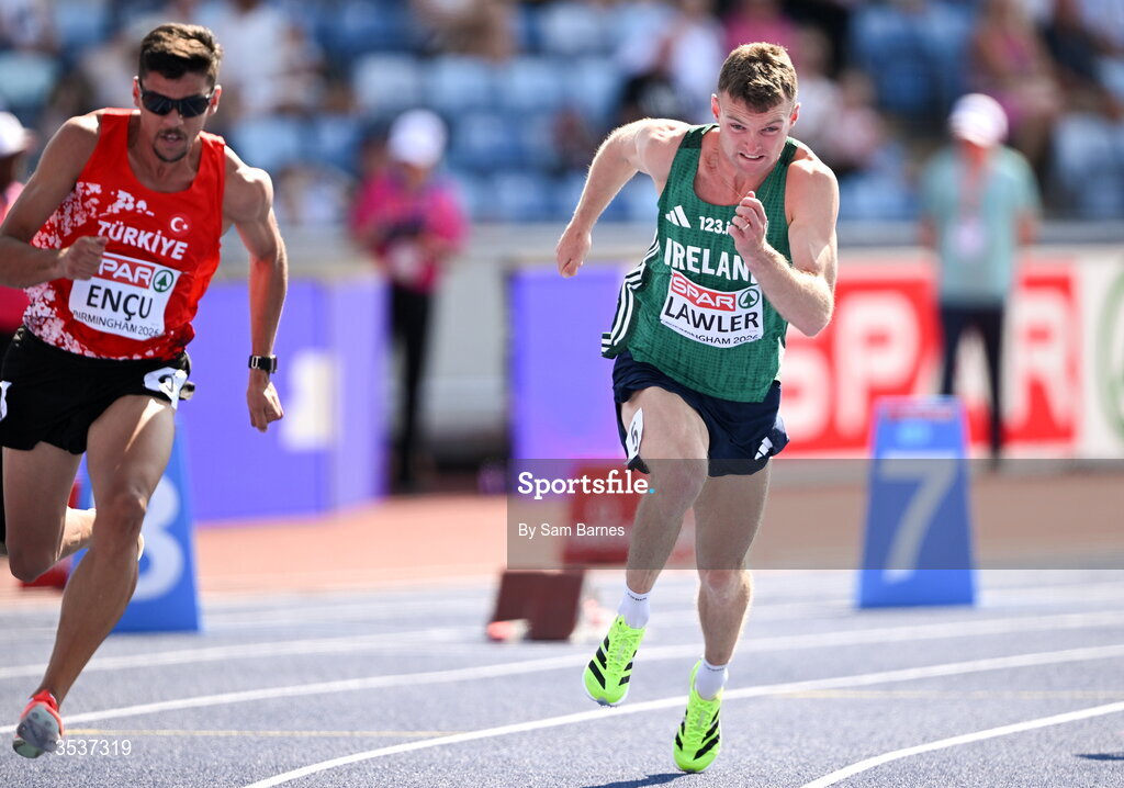 13 August 2026; Marcus Lawler of Ireland competing in his men’s 200m heat during day four of the European Athletics Championships 2026 at Alexander Stadium in Birmingham, England. Photo by Sam Barnes/Sportsfile