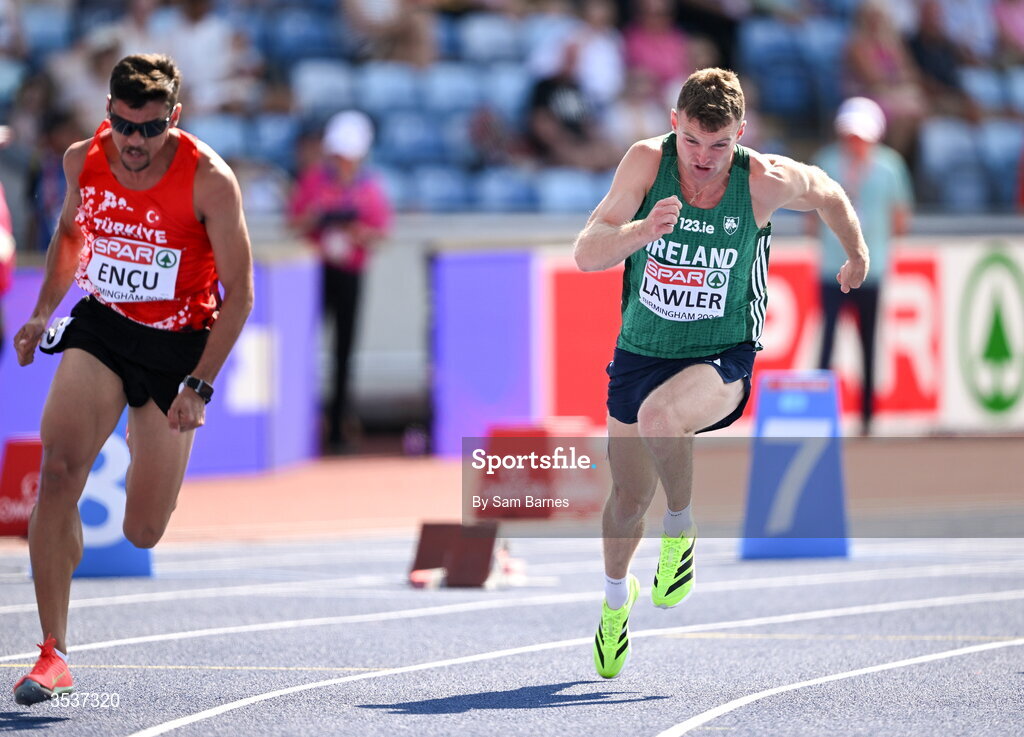 13 August 2026; Marcus Lawler of Ireland competing in his men’s 200m heat during day four of the European Athletics Championships 2026 at Alexander Stadium in Birmingham, England. Photo by Sam Barnes/Sportsfile