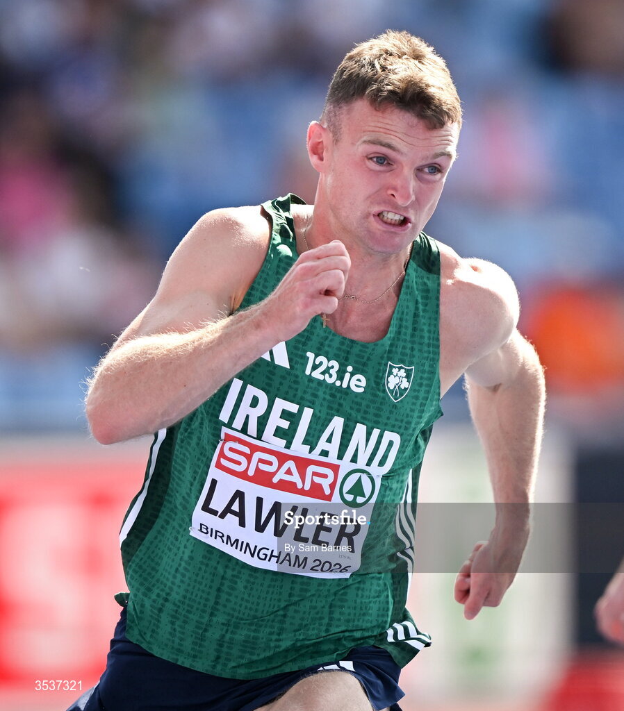 13 August 2026; Marcus Lawler of Ireland competing in his men’s 200m heat during day four of the European Athletics Championships 2026 at Alexander Stadium in Birmingham, England. Photo by Sam Barnes/Sportsfile