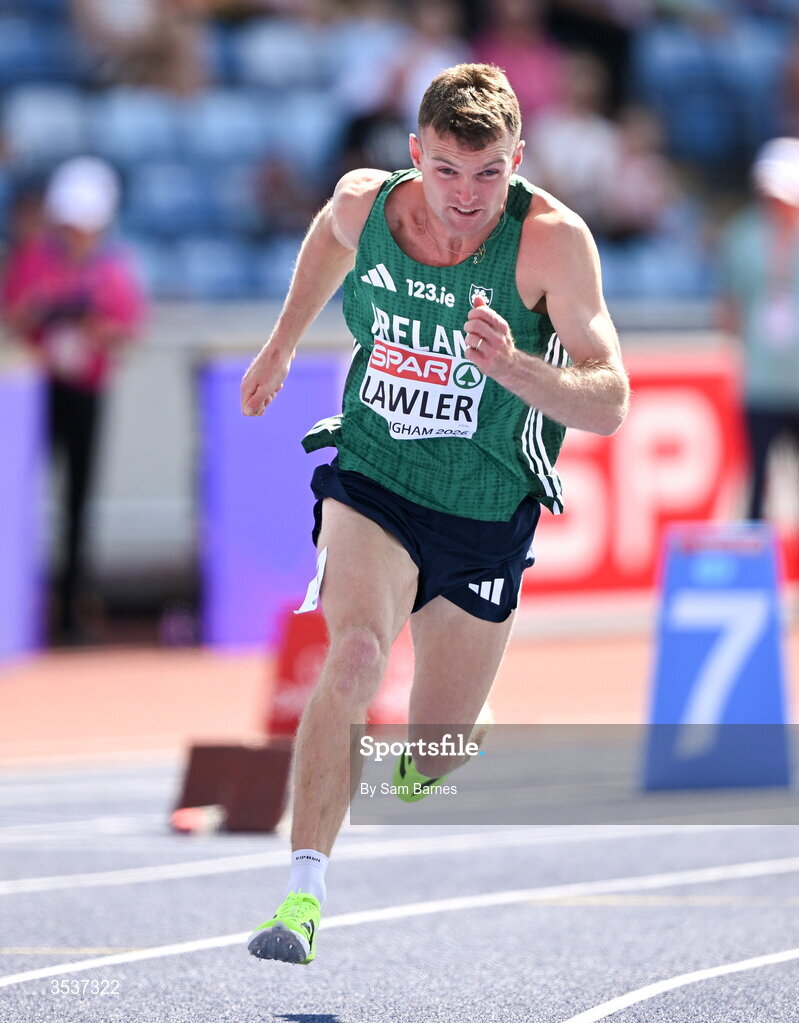13 August 2026; Marcus Lawler of Ireland competing in his men’s 200m heat during day four of the European Athletics Championships 2026 at Alexander Stadium in Birmingham, England. Photo by Sam Barnes/Sportsfile