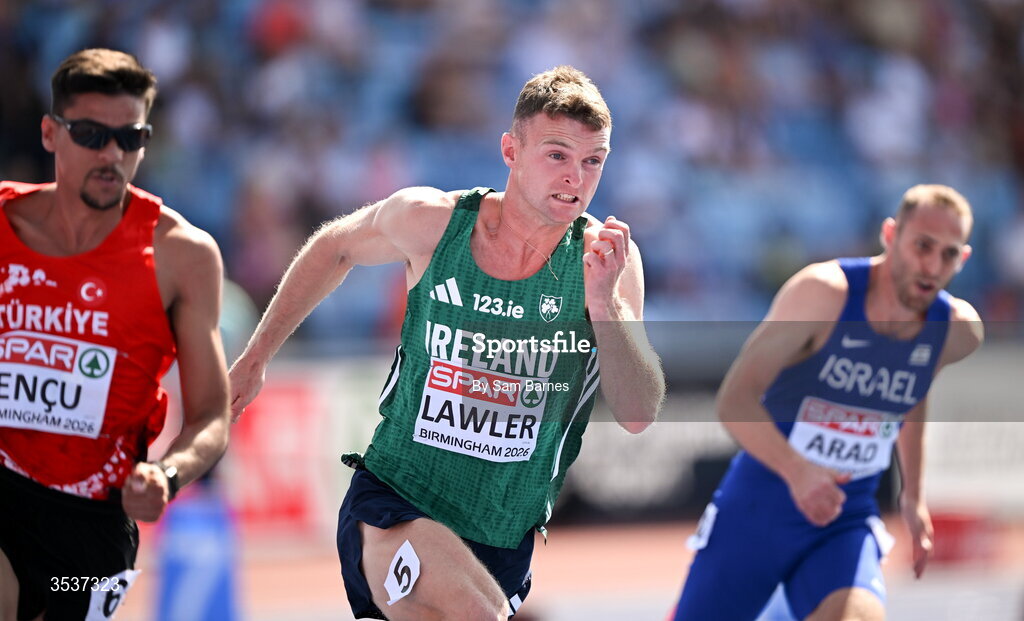 13 August 2026; Marcus Lawler of Ireland competing in his men’s 200m heat during day four of the European Athletics Championships 2026 at Alexander Stadium in Birmingham, England. Photo by Sam Barnes/Sportsfile