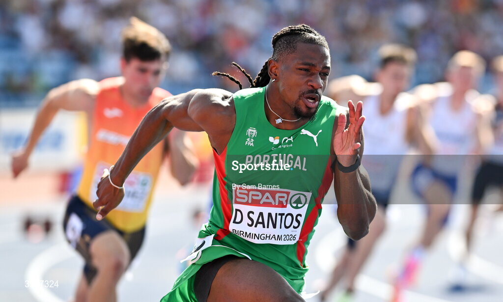 13 August 2026; Delvis Santos of Portugal competes in his men's 200m heat during day four of the European Athletics Championships 2026 at Alexander Stadium in Birmingham, England. Photo by Sam Barnes/Sportsfile