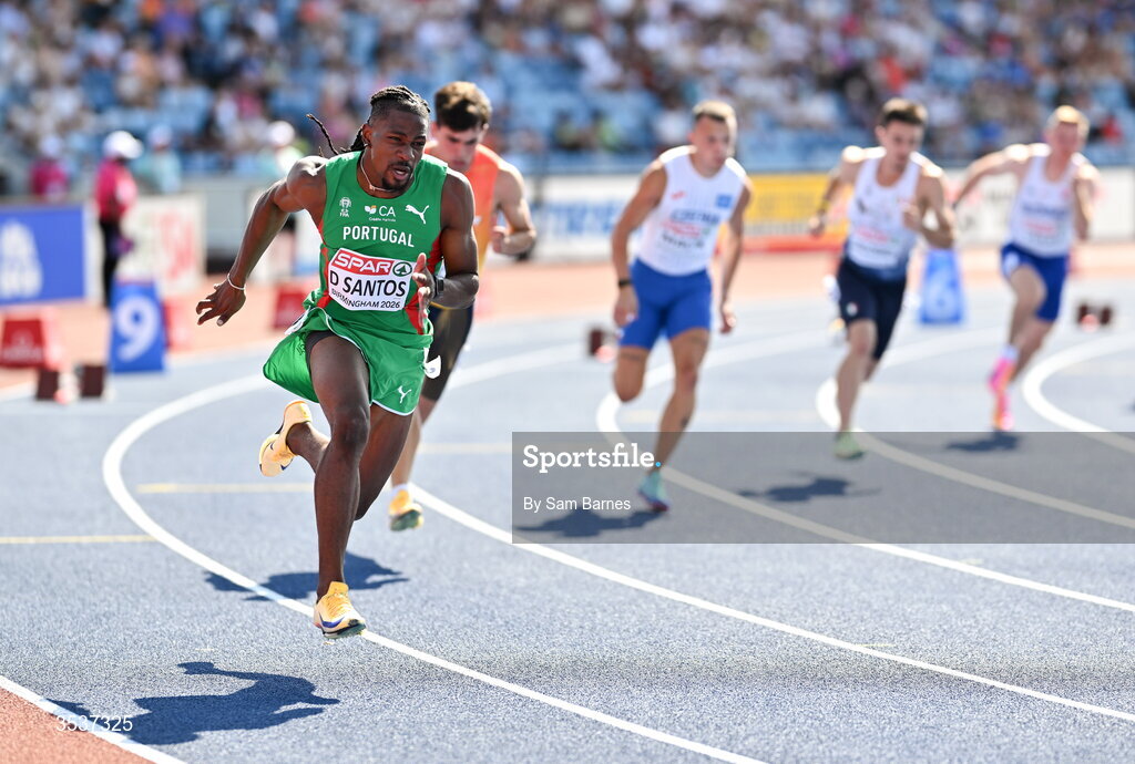 13 August 2026; Delvis Santos of Portugal competes in his men's 200m heat during day four of the European Athletics Championships 2026 at Alexander Stadium in Birmingham, England. Photo by Sam Barnes/Sportsfile