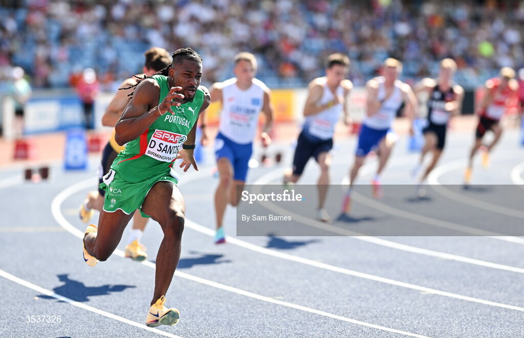 13 August 2026; Delvis Santos of Portugal competes in his men's 200m heat during day four of the European Athletics Championships 2026 at Alexander Stadium in Birmingham, England. Photo by Sam Barnes/Sportsfile