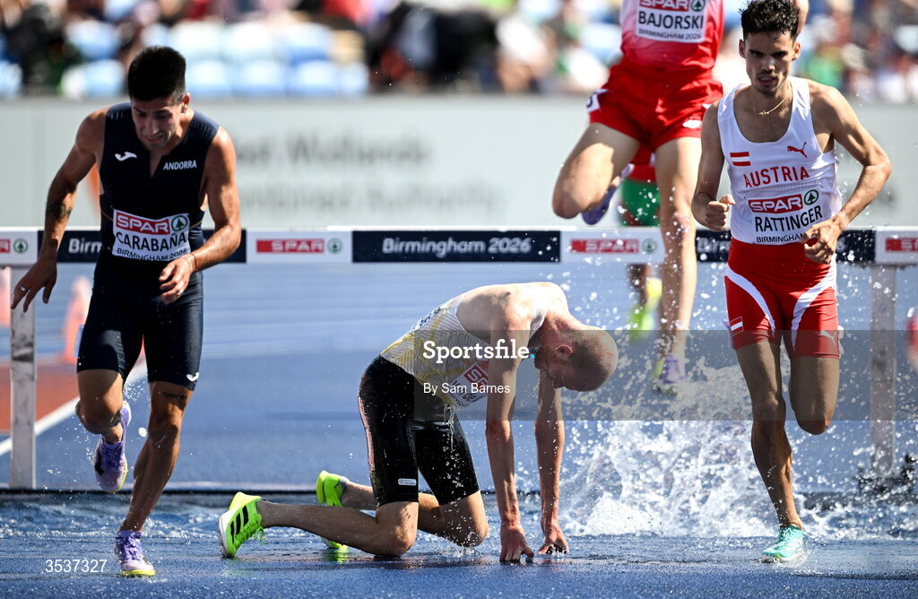 13 August 2026; Tim Van De Velde of Belgium after falling in his men's 3000m steeplechase heat during day four of the European Athletics Championships 2026 at Alexander Stadium in Birmingham, England. Photo by Sam Barnes/Sportsfile