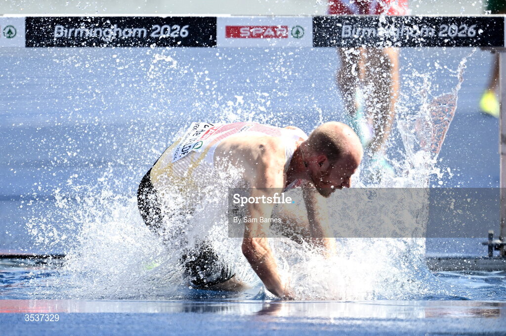 13 August 2026; Tim Van De Velde of Belgium after falling in his men's 3000m steeplechase heat during day four of the European Athletics Championships 2026 at Alexander Stadium in Birmingham, England. Photo by Sam Barnes/Sportsfile