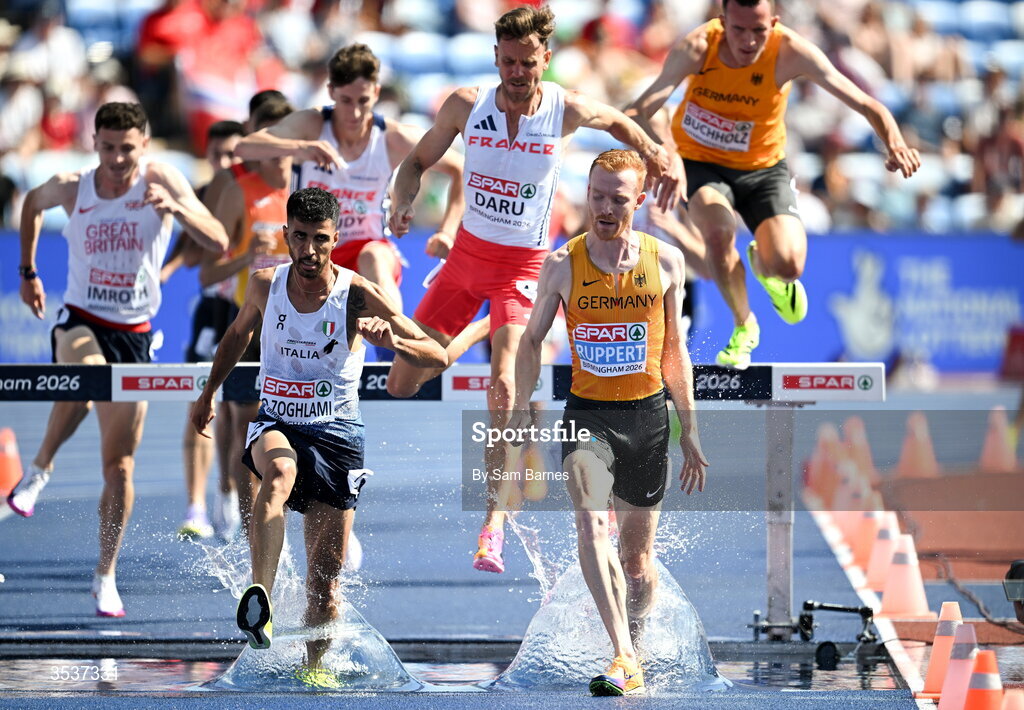 13 August 2026; Frederik Ruppert of Germany, right and Osama Zoghlami of Italy, left, compete in their men's 3000m steeplechase heat during day four of the European Athletics Championships 2026 at Alexander Stadium in Birmingham, England. Photo by Sam Barnes/Sportsfile