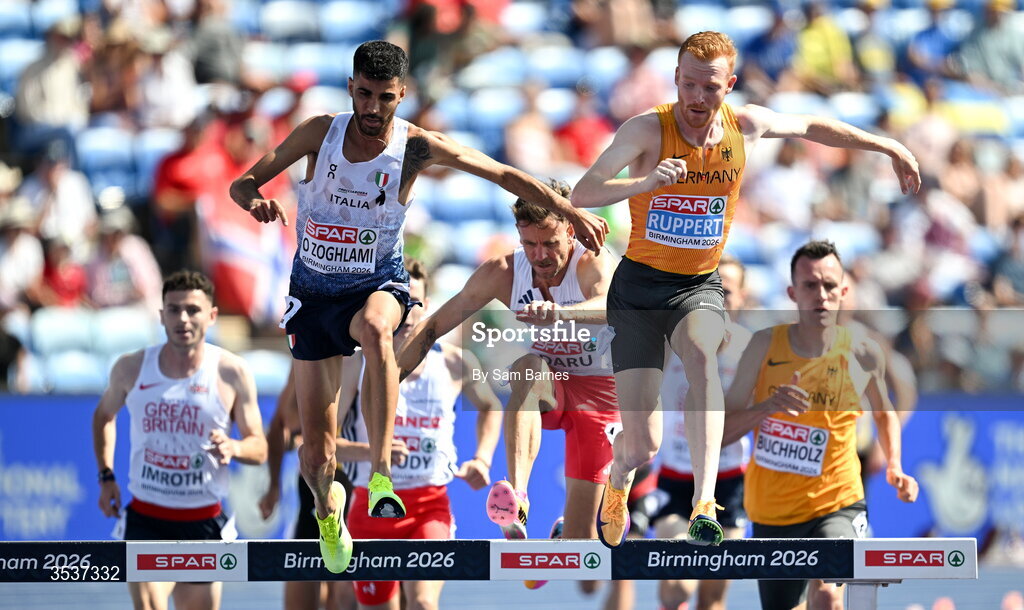 13 August 2026; Osama Zoghlami of Italy, left, and Frederik Ruppert of Germany, right, compete in their men's 3000m steeplechase heat during day four of the European Athletics Championships 2026 at Alexander Stadium in Birmingham, England. Photo by Sam Barnes/Sportsfile