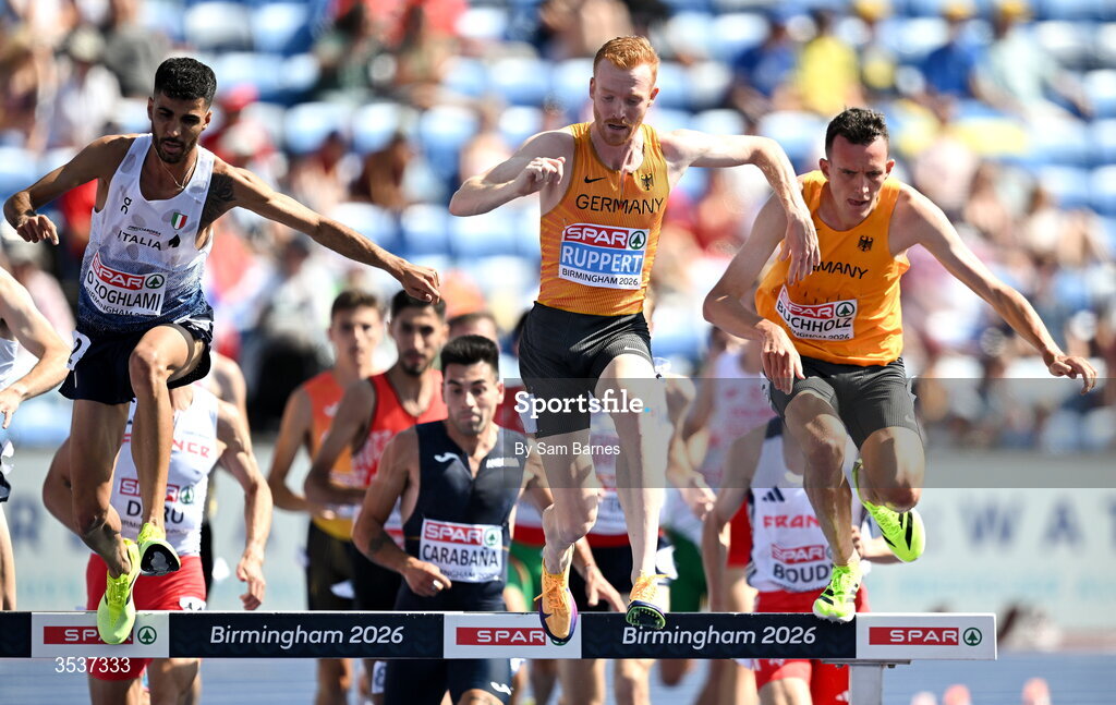 13 August 2026; Frederik Ruppert of Germany, centre, compete in his men's 3000m steeplechase heat during day four of the European Athletics Championships 2026 at Alexander Stadium in Birmingham, England. Photo by Sam Barnes/Sportsfile