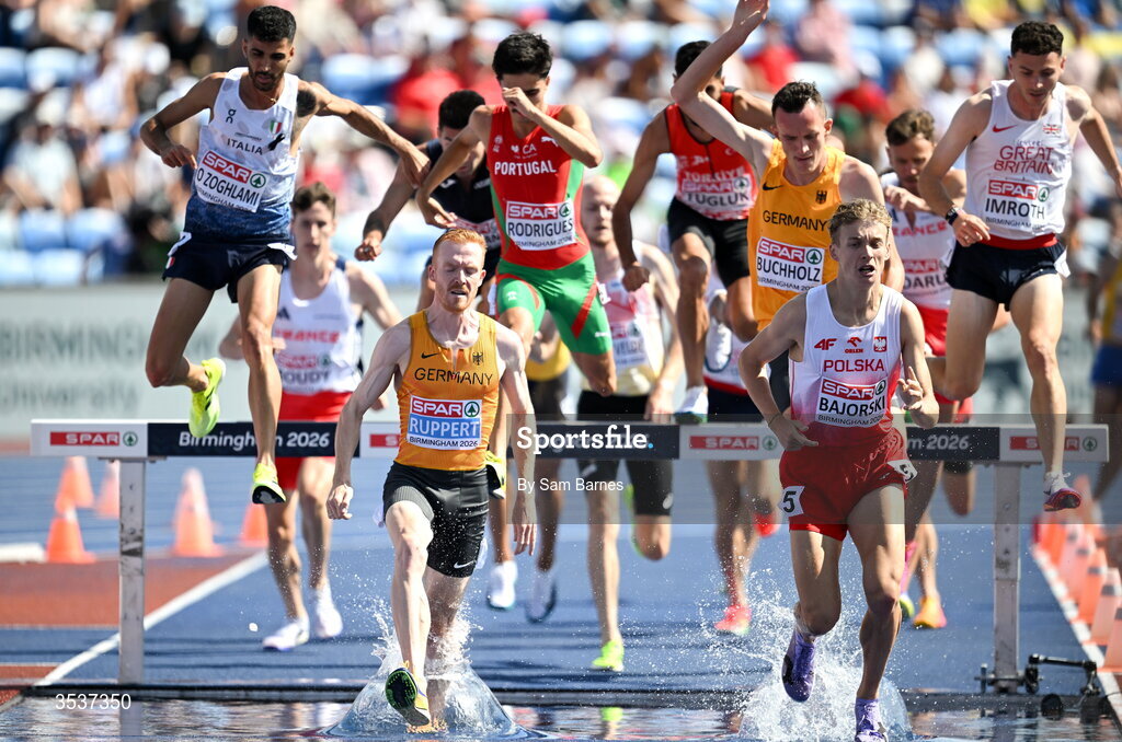 13 August 2026; Frederik Ruppert of Germany, left, and Adam Bajorski of Poland, right, compete in their men's 3000m steeplechase heat during day four of the European Athletics Championships 2026 at Alexander Stadium in Birmingham, England. Photo by Sam Barnes/Sportsfile