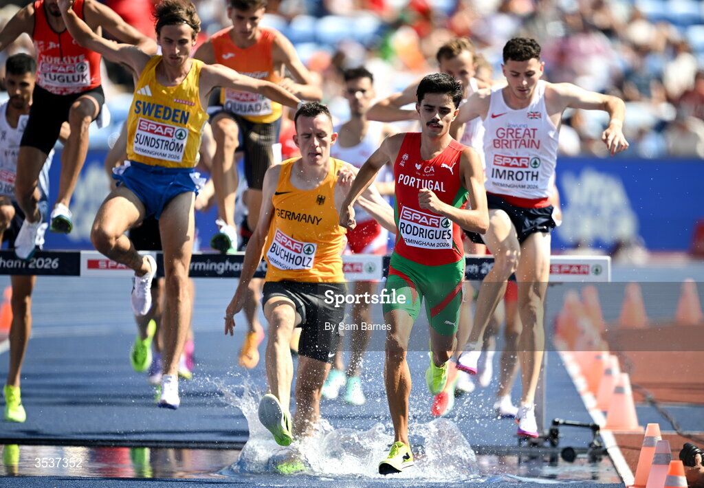 13 August 2026; Lourenço Rodrigues of Portugal competes in his men's 3000m steeplechase heat during day four of the European Athletics Championships 2026 at Alexander Stadium in Birmingham, England. Photo by Sam Barnes/Sportsfile