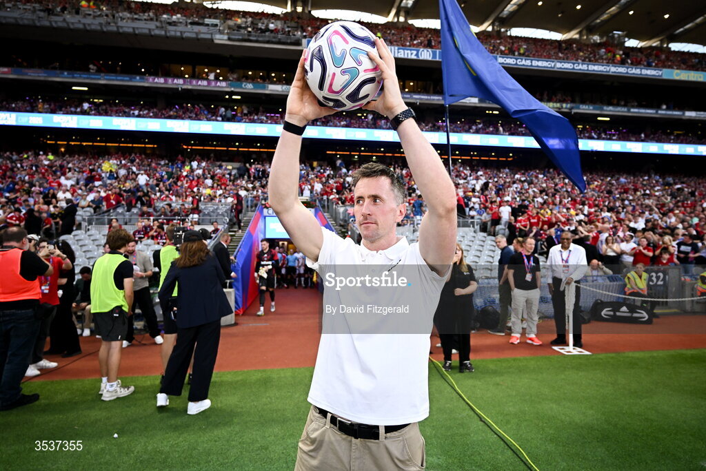 12 August 2026; Mayo footballer Cillian O'Connor brings out the match ball before the pre-season friendly match between Manchester United and Leeds United at Croke Park in Dublin. Photo by David Fitzgerald/Sportsfile
