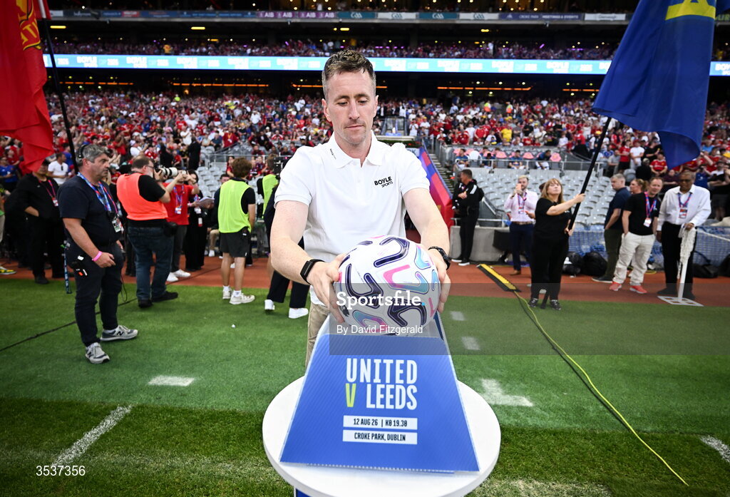 12 August 2026; Mayo footballer Cillian O'Connor brings out the match ball before the pre-season friendly match between Manchester United and Leeds United at Croke Park in Dublin. Photo by David Fitzgerald/Sportsfile