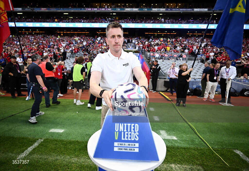 12 August 2026; Mayo footballer Cillian O'Connor brings out the match ball before the pre-season friendly match between Manchester United and Leeds United at Croke Park in Dublin. Photo by David Fitzgerald/Sportsfile