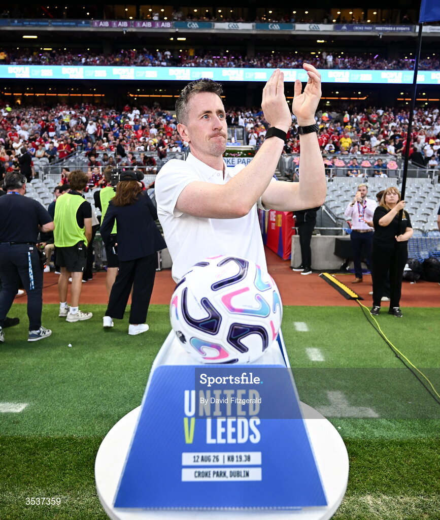 12 August 2026; Mayo footballer Cillian O'Connor brings out the match ball before the pre-season friendly match between Manchester United and Leeds United at Croke Park in Dublin. Photo by David Fitzgerald/Sportsfile