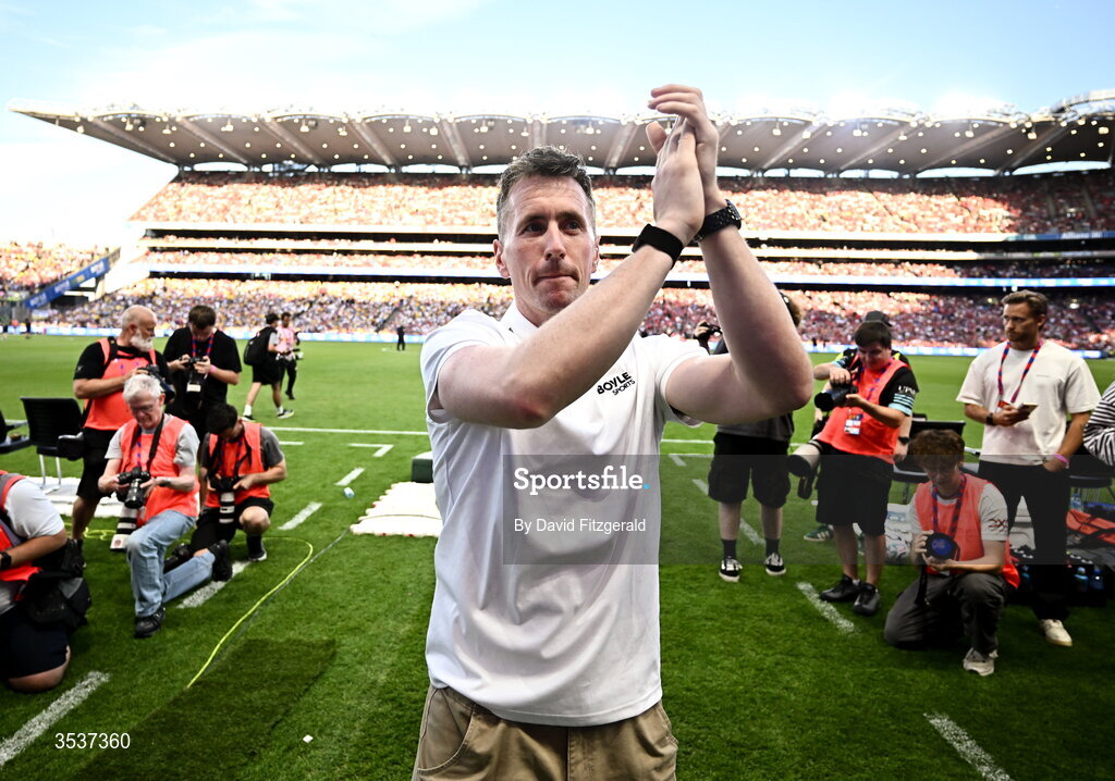 12 August 2026; Mayo footballer Cillian O'Connor brings out the match ball before the pre-season friendly match between Manchester United and Leeds United at Croke Park in Dublin. Photo by David Fitzgerald/Sportsfile