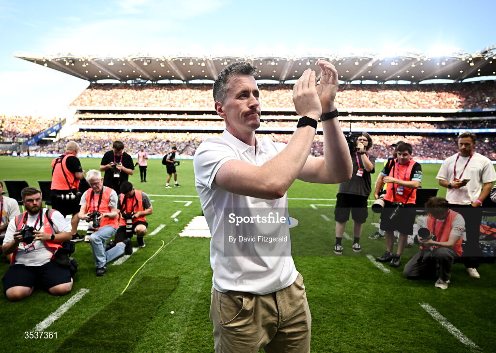 12 August 2026; Mayo footballer Cillian O'Connor brings out the match ball before the pre-season friendly match between Manchester United and Leeds United at Croke Park in Dublin. Photo by David Fitzgerald/Sportsfile