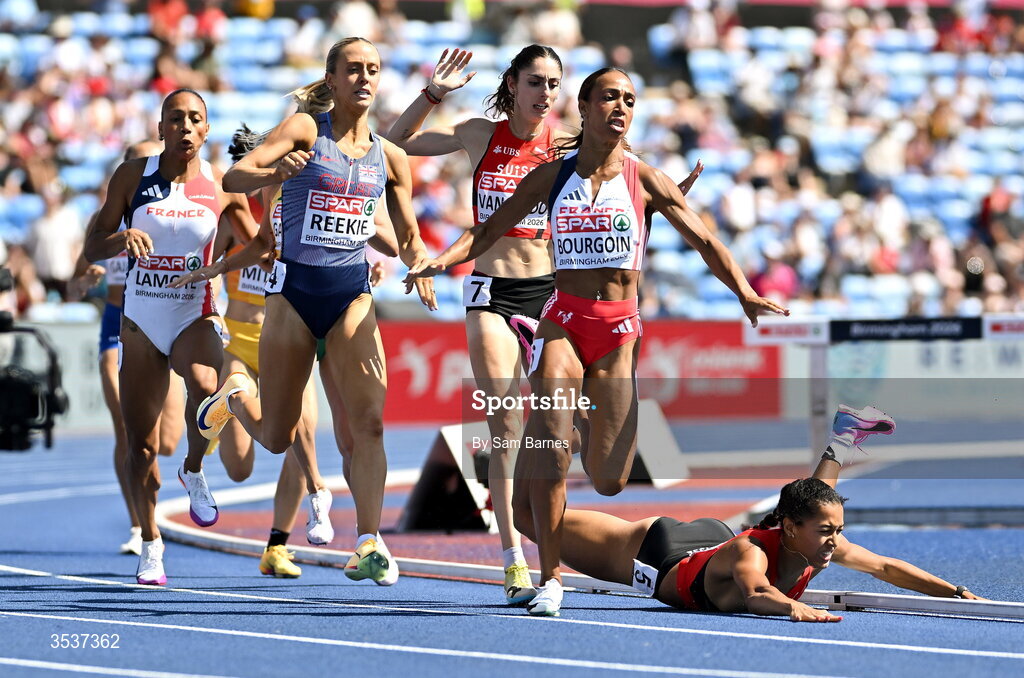 13 August 2026; Audrey Werro of Switzerland falls to the right of Jemma Reekie of Great Britain and Northern Ireland, left, and Anaïs Bourgoin of France, centre, in the women's 800m semi-final 1 during day four of the European Athletics Championships 2026 at Alexander Stadium in Birmingham, England. Photo by Sam Barnes/Sportsfile