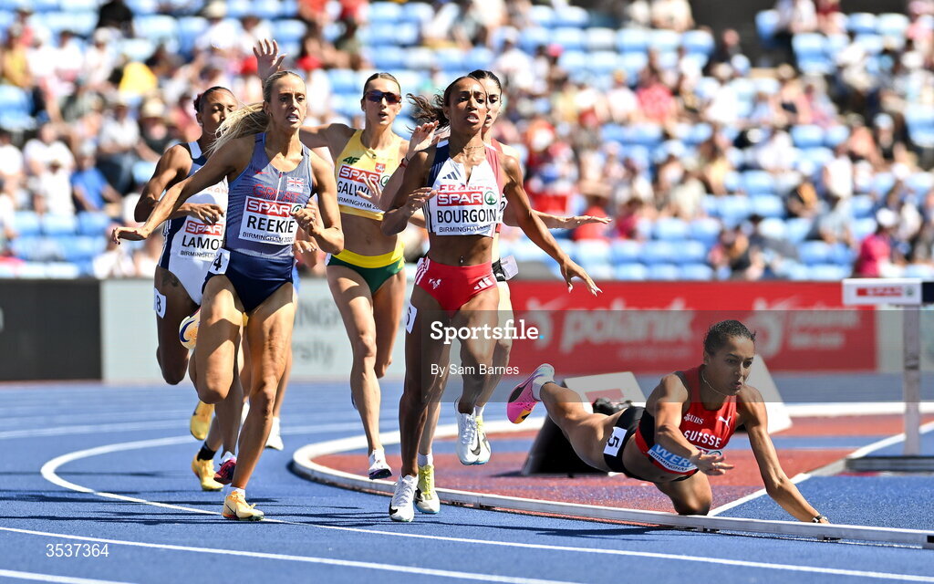 13 August 2026; Audrey Werro of Switzerland falls to the right of Jemma Reekie of Great Britain and Northern Ireland, left, and Anaïs Bourgoin of France, centre, in the women's 800m semi-final 1 during day four of the European Athletics Championships 2026 at Alexander Stadium in Birmingham, England. Photo by Sam Barnes/Sportsfile
