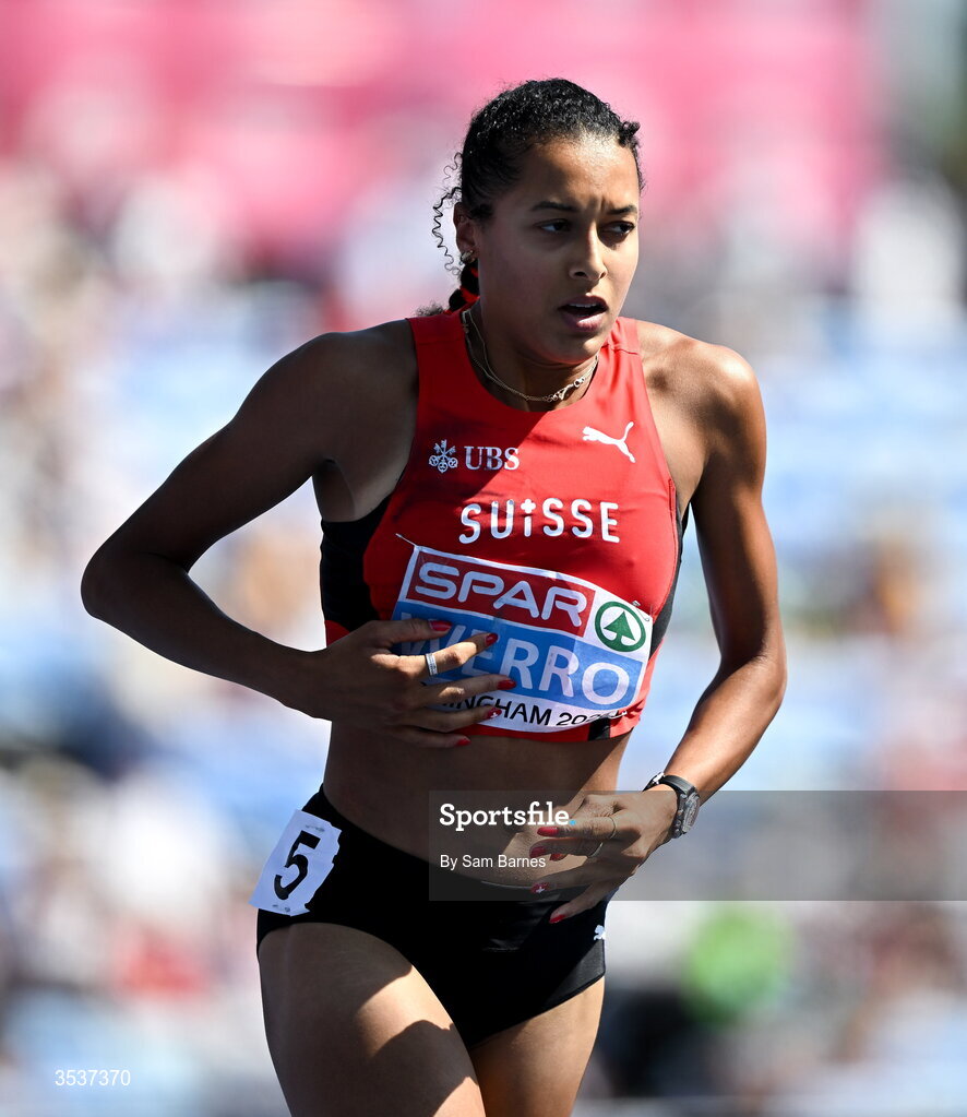 13 August; Audrey Werro of Switzerland after falling in the women's 800m semi-final 1 during day four of the European Athletics Championships 2026 at Alexander Stadium in Birmingham, England. Photo by Sam Barnes/Sportsfile
