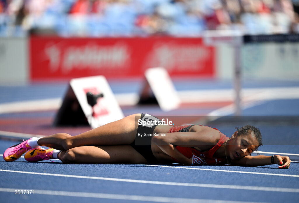 13 August; Audrey Werro of Switzerland after falling in the women's 800m semi-final 1 during day four of the European Athletics Championships 2026 at Alexander Stadium in Birmingham, England. Photo by Sam Barnes/Sportsfile