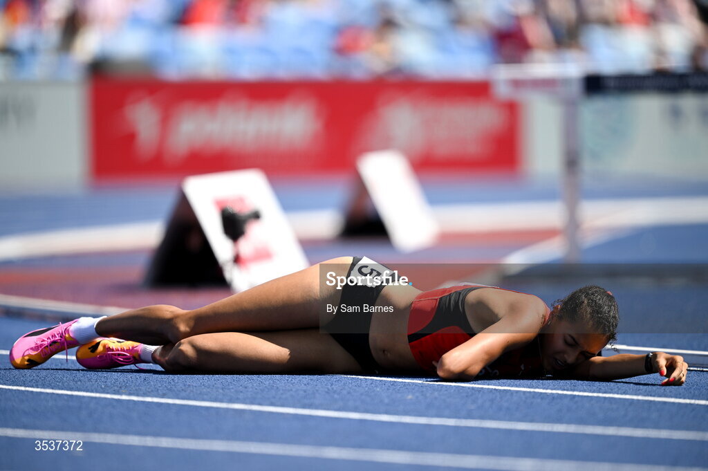 13 August; Audrey Werro of Switzerland after falling in the women's 800m semi-final 1 during day four of the European Athletics Championships 2026 at Alexander Stadium in Birmingham, England. Photo by Sam Barnes/Sportsfile