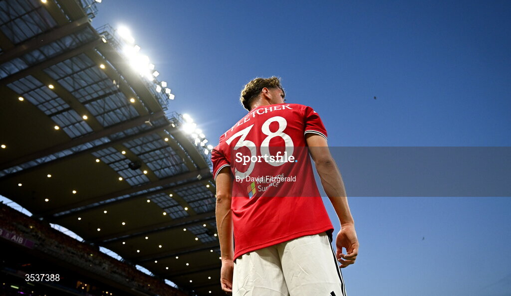 12 August 2026; Jack Fletcher of Manchester United during the pre-season friendly match between Manchester United and Leeds United at Croke Park in Dublin. Photo by David Fitzgerald/Sportsfile