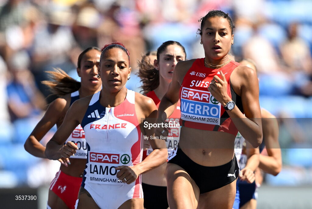 13 August; Audrey Werro of Switzerland, right, competes in the women's 800m semi-final 1 during day four of the European Athletics Championships 2026 at Alexander Stadium in Birmingham, England. Photo by Sam Barnes/Sportsfile