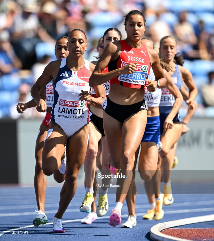 13 August; Audrey Werro of Switzerland, centre, competes in the women's 800m semi-final 1 during day four of the European Athletics Championships 2026 at Alexander Stadium in Birmingham, England. Photo by Sam Barnes/Sportsfile