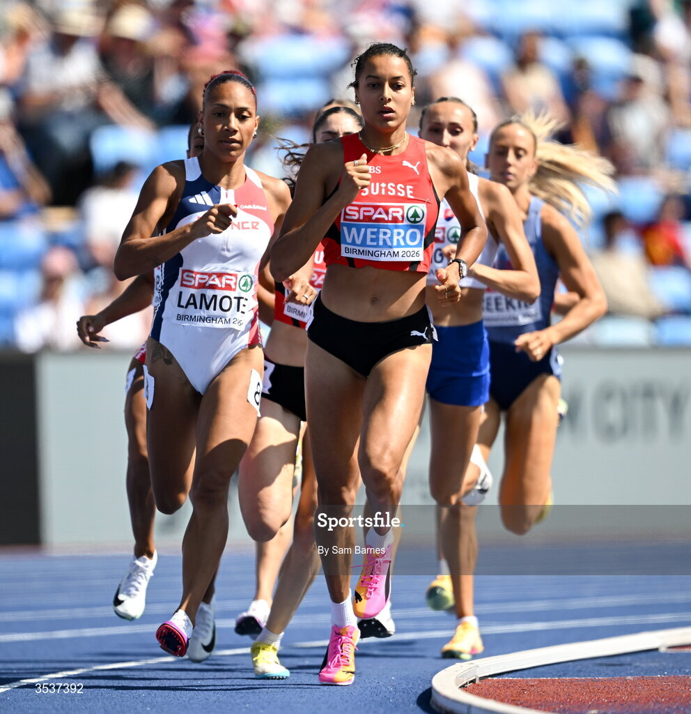 13 August; Audrey Werro of Switzerland, centre, competes in the women's 800m semi-final 1 during day four of the European Athletics Championships 2026 at Alexander Stadium in Birmingham, England. Photo by Sam Barnes/Sportsfile