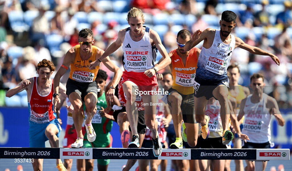 13 August 2026; Baptiste Fourmont of France, centre, and Ala Zoghlami of Italy, right, compete in their men's 3000m steeplechase heat during day four of the European Athletics Championships 2026 at Alexander Stadium in Birmingham, England. Photo by Sam Barnes/Sportsfile
