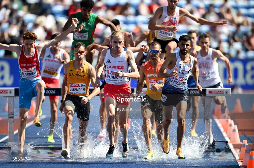 13 August 2026; Baptiste Fourmont of France, centre, and Ala Zoghlami of Italy, right, compete in their men's 3000m steeplechase heat during day four of the European Athletics Championships 2026 at Alexander Stadium in Birmingham, England. Photo by Sam Barnes/Sportsfile