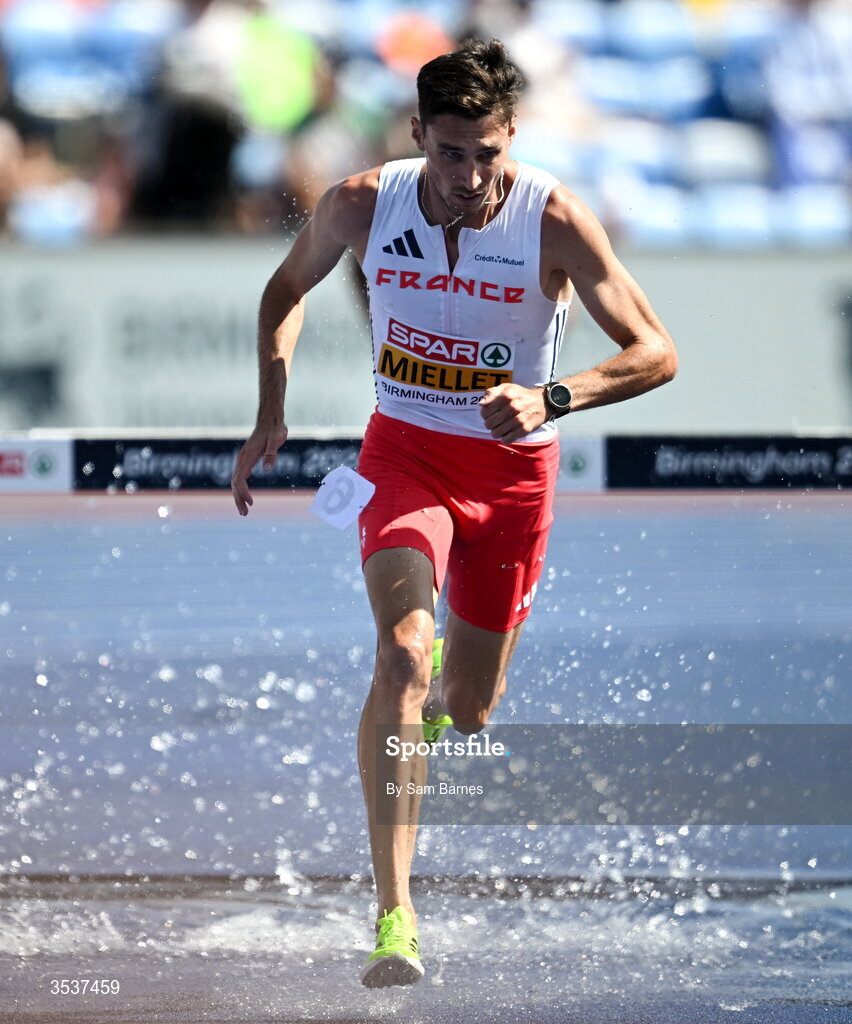 13 August 2026; Alexis Miellet of France competes in his men's 3000m steeplechase heat during day four of the European Athletics Championships 2026 at Alexander Stadium in Birmingham, England. Photo by Sam Barnes/Sportsfile