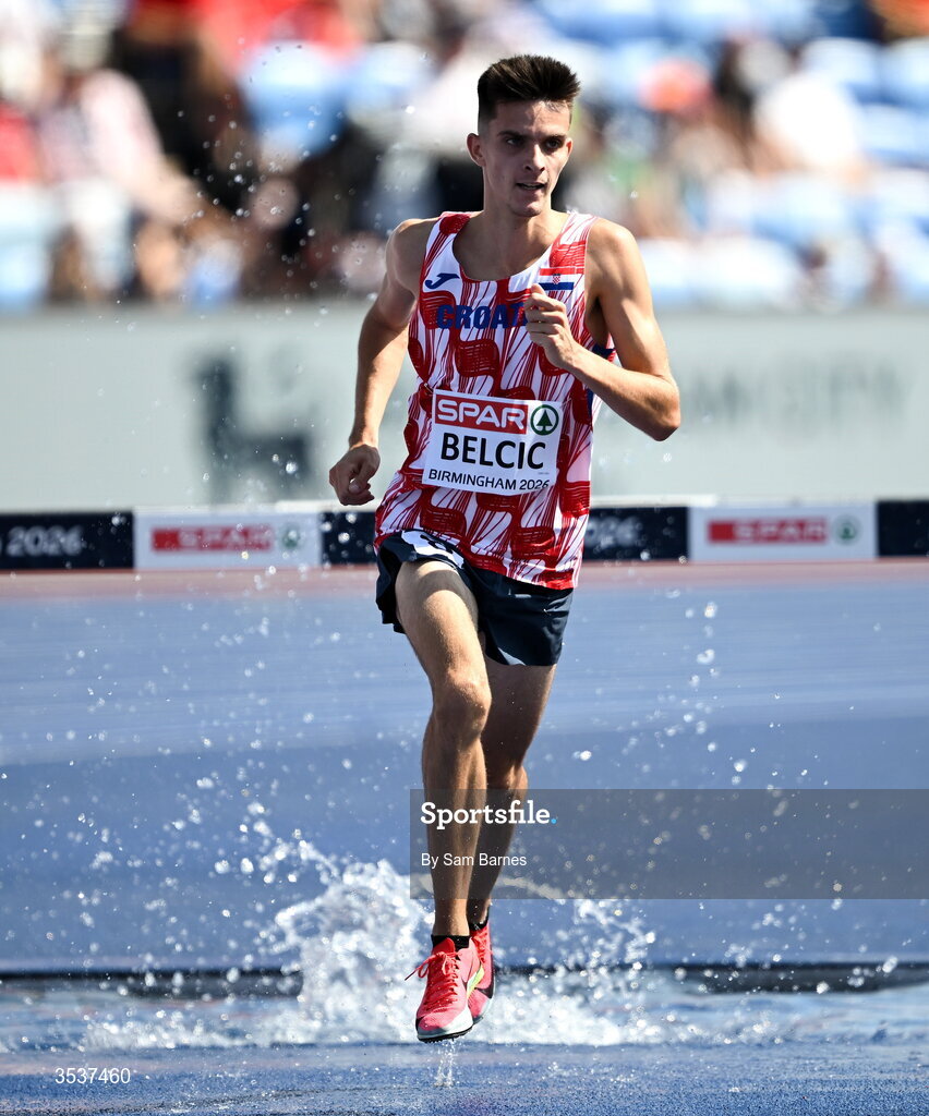 13 August 2026; Bruno Belcic of Croatia competes in his men's 3000m steeplechase heat during day four of the European Athletics Championships 2026 at Alexander Stadium in Birmingham, England. Photo by Sam Barnes/Sportsfile
