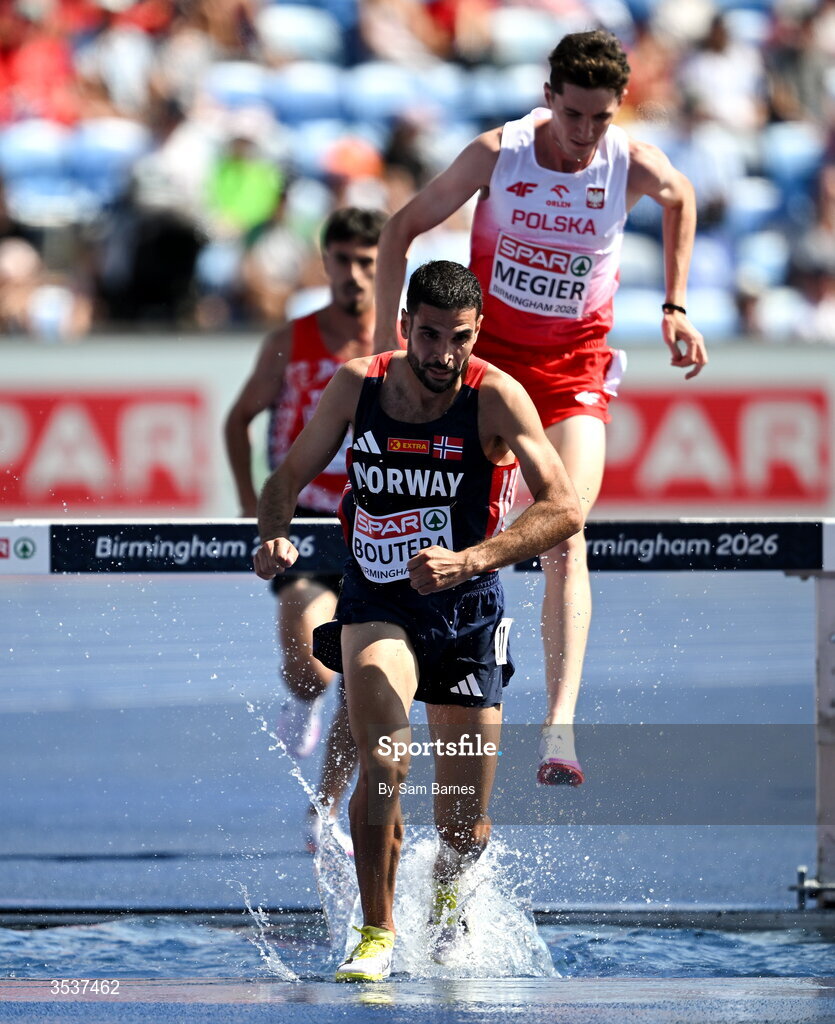13 August 2026; Jacob Boutera of Norway competes in his men's 3000m steeplechase heat during day four of the European Athletics Championships 2026 at Alexander Stadium in Birmingham, England. Photo by Sam Barnes/Sportsfile