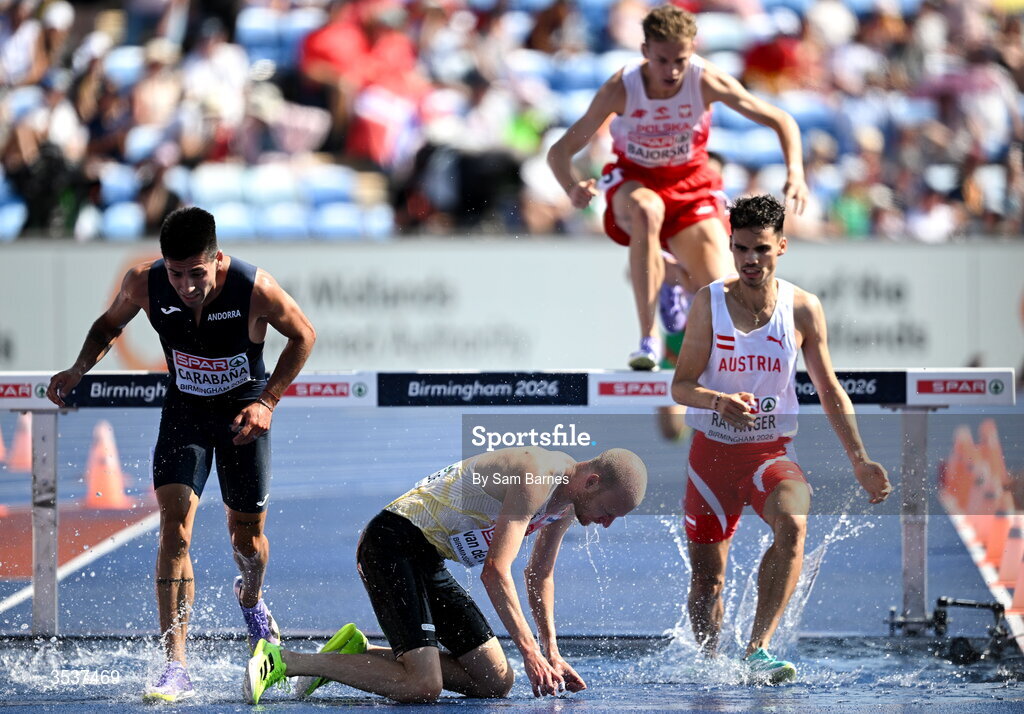 13 August 2026; Tim Van De Velde of Belgium, with Nahuel Carabaña of Andorra, left, and Tobias Rattinger of Austria, right, after falling in his men's 3000m steeplechase heat during day four of the European Athletics Championships 2026 at Alexander Stadium in Birmingham, England. Photo by Sam Barnes/Sportsfile