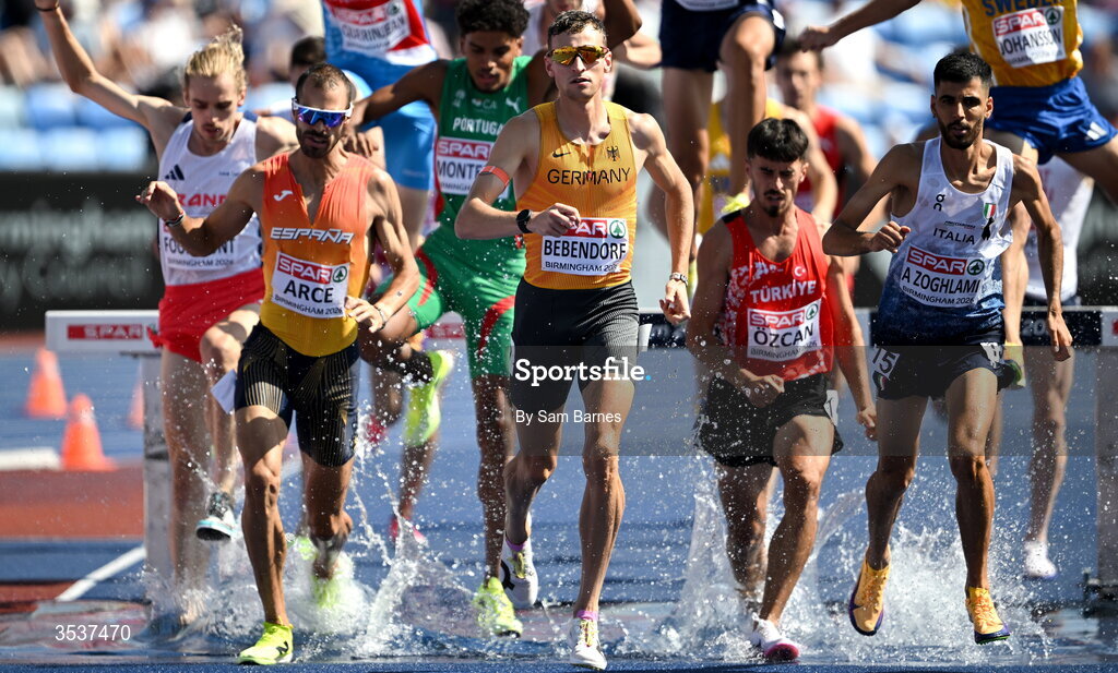 13 August 2026; Karl Bebendorf of Germany, centre, competes in his men's 3000m steeplechase heat during day four of the European Athletics Championships 2026 at Alexander Stadium in Birmingham, England. Photo by Sam Barnes/Sportsfile