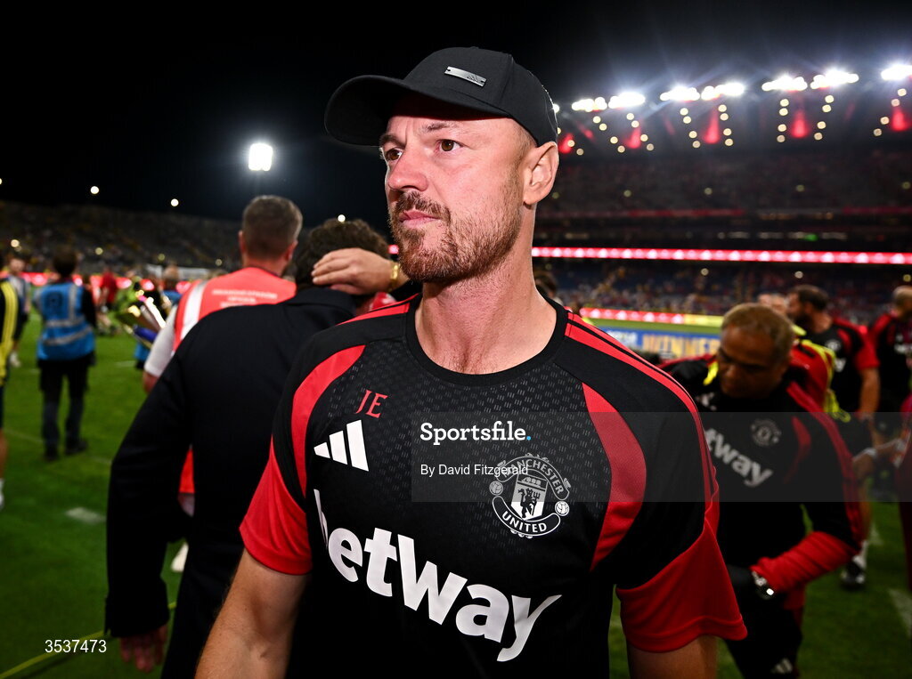 12 August 2026; Manchester United assistant manager Jonny Evans after the pre-season friendly match between Manchester United and Leeds United at Croke Park in Dublin. Photo by David Fitzgerald/Sportsfile