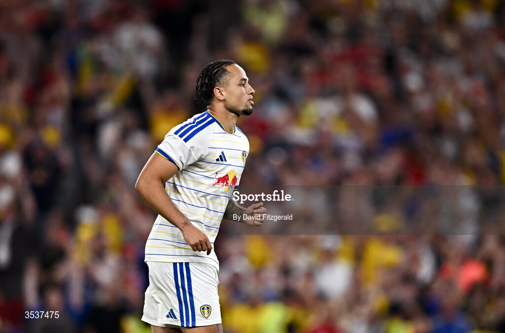 12 August 2026; Noah Okafor of Leeds United during the pre-season friendly match between Manchester United and Leeds United at Croke Park in Dublin. Photo by David Fitzgerald/Sportsfile