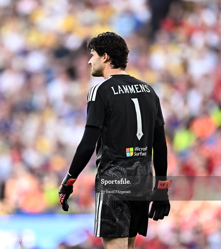 12 August 2026; Manchester United goalkeeper Senne Lammens during the pre-season friendly match between Manchester United and Leeds United at Croke Park in Dublin. Photo by David Fitzgerald/Sportsfile
