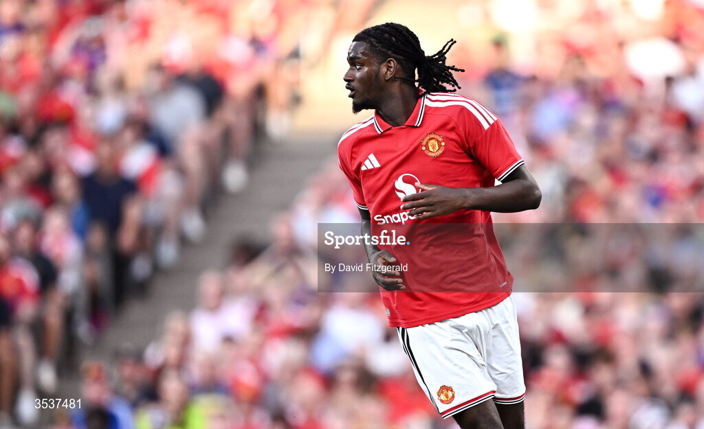 12 August 2026; Ayden Heaven of Manchester United during the pre-season friendly match between Manchester United and Leeds United at Croke Park in Dublin. Photo by David Fitzgerald/Sportsfile