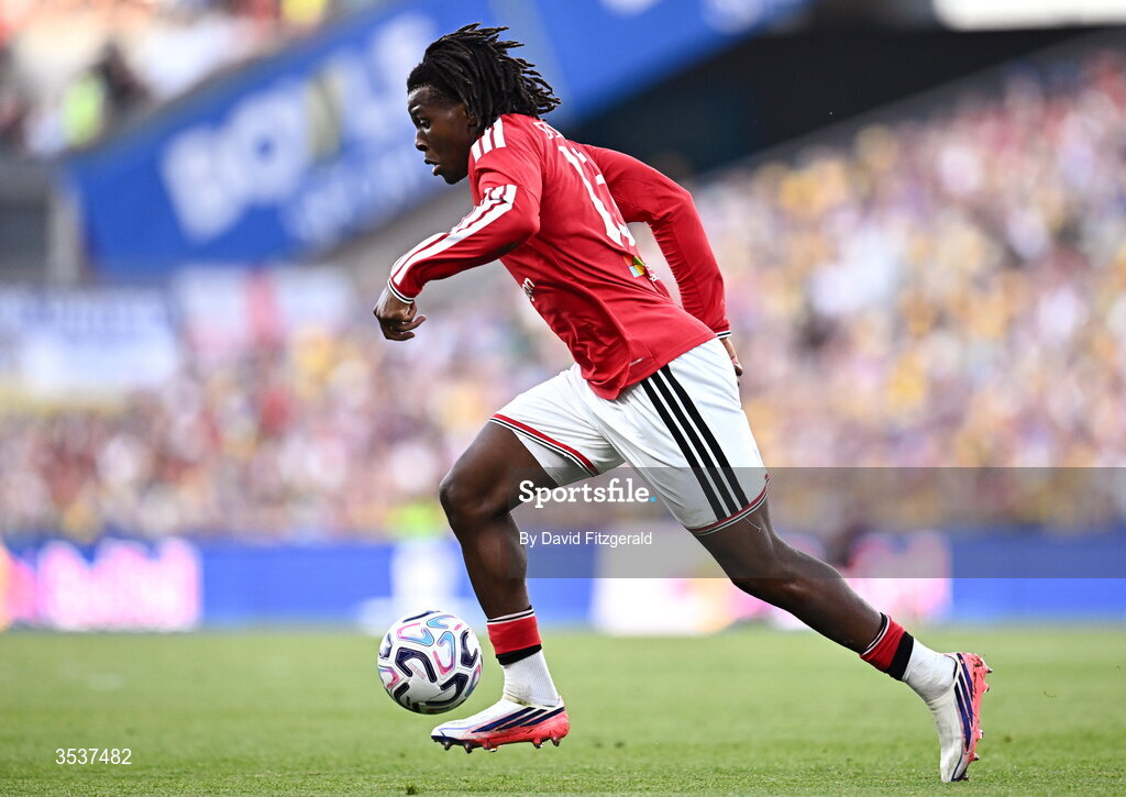 12 August 2026; Patrick Dorgu of Manchester United during the pre-season friendly match between Manchester United and Leeds United at Croke Park in Dublin. Photo by David Fitzgerald/Sportsfile