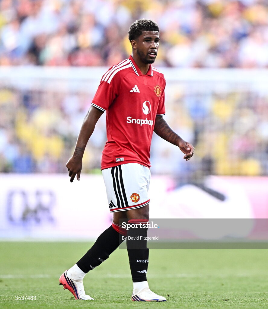 12 August 2026; Andrey Santos of Manchester United during the pre-season friendly match between Manchester United and Leeds United at Croke Park in Dublin. Photo by David Fitzgerald/Sportsfile